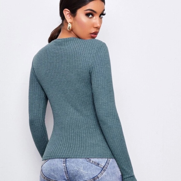 Dusty Blue Round Next Rib-Knit Solid Tee - Picture 2 of 10